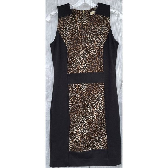 Michael Kors Womens Size 2 Gold Zip Back Sleeveless Cheetah & Black Sheath Dress - Picture 2 of 12